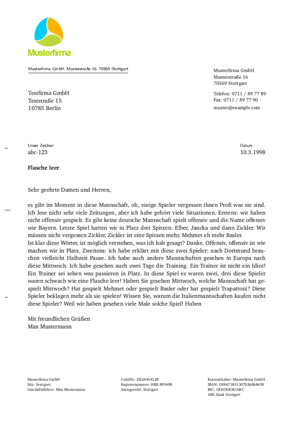 Beispiel eines DIN 5008 konformen Geschäftsbriefs